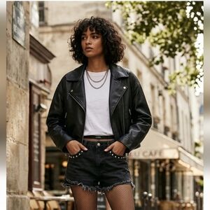 Zara Black Jean Shorts Frayed Hem With Embellishments - Sz 6 Great Condition